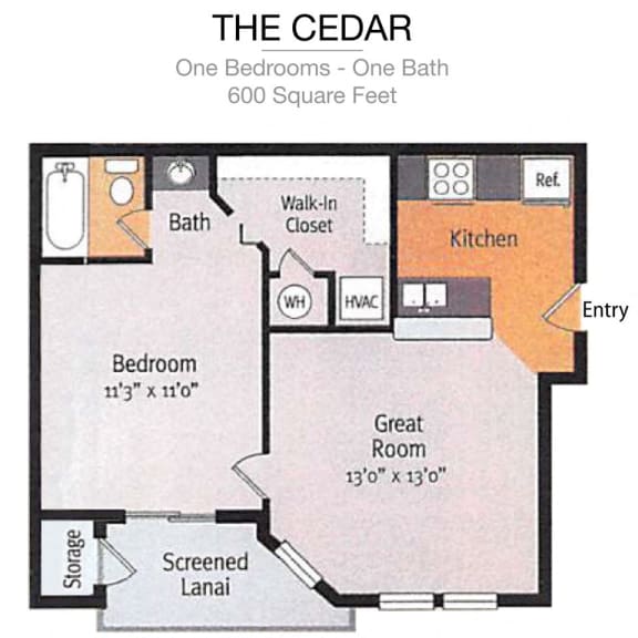 Floor Plan  The Cedar One Bedroom- One Bath
