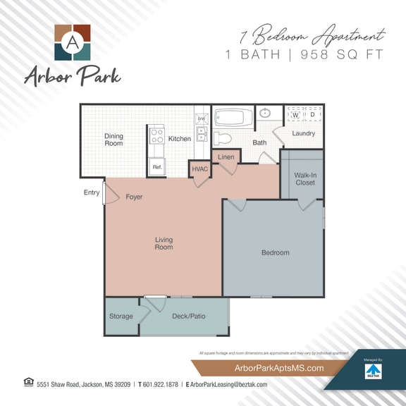1 bed 1 bath floor plan at Arbor Park Apartments, Mississippi