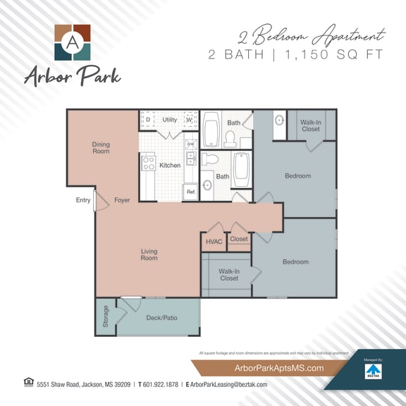 2 bed 2 bath floor plan at Arbor Park Apartments, Mississippi, 39209