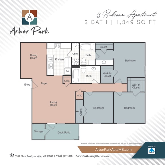 3 bed 2 bath floor plan at Arbor Park Apartments, Jackson, MS, 39209