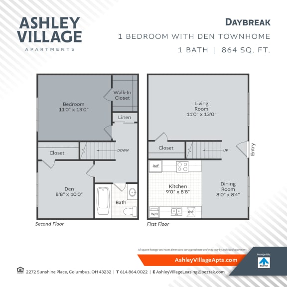 1 bed 1 bath floor plan at Ashley Village Apartments, Columbus, OH, 43232