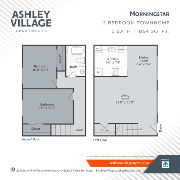 2 bed 1 bath floor plan at Ashley Village Apartments, Columbus, OH