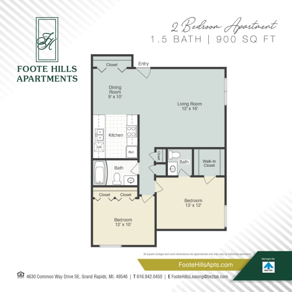 Two Bedroom 900 Floor Plan at Foote Hills, Michigan