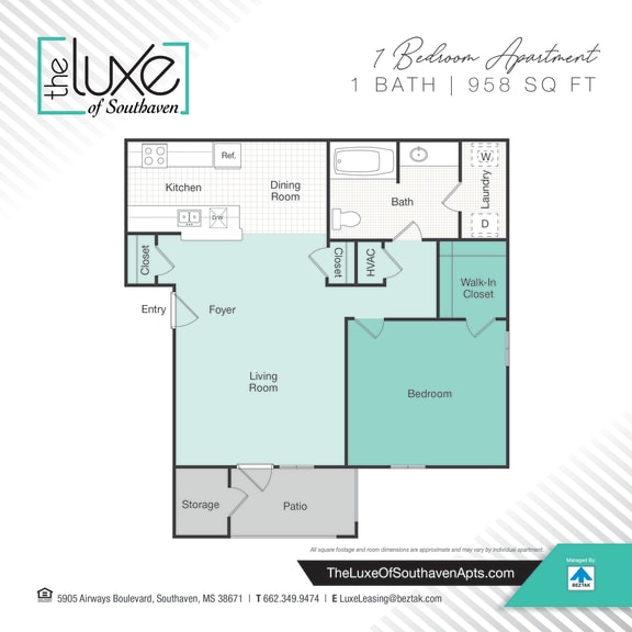 1 bed 1 bath floor plan C at The Luxe of Southaven, Southaven, 38671