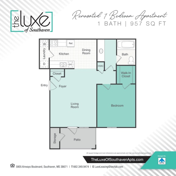 1 bed 1 bath floor plan D at The Luxe of Southaven, Southaven, Mississippi