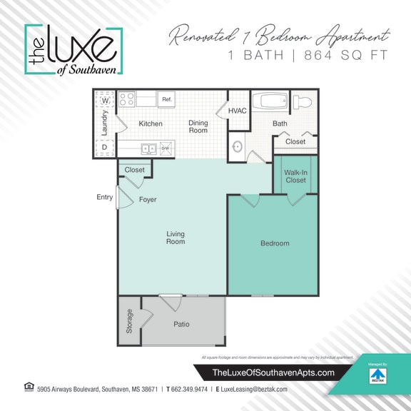 1 bed 1 bath floor plan A at The Luxe of Southaven, Southaven, MS, 38671