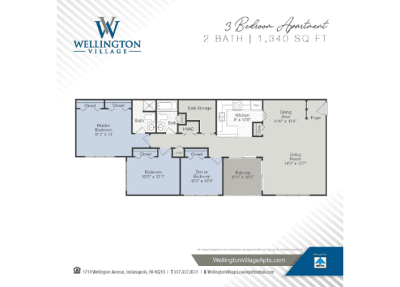 3 Bedroom/2 Bath Floor Plan at Wellington Village, Indianapolis, 46219