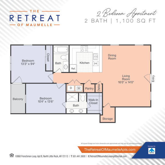 2 bed 2 bath floor plan at The Retreat of Maumelle, North Little Rock, 72113