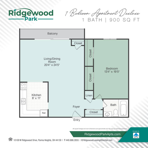 1 bed 1 bath floor plan at Ridgewood Park Apartments, Parma Heights, 44130