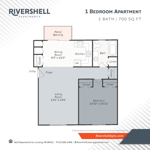 1 bed 1 bath floor plan 700 square feet at Rivershell Apartments, Michigan