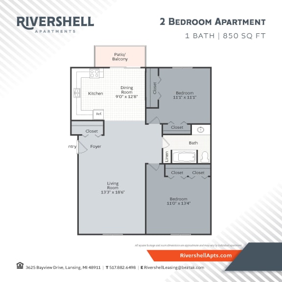 2 bed 1 bath floor plan 850 square feet at Rivershell Apartments, Michigan