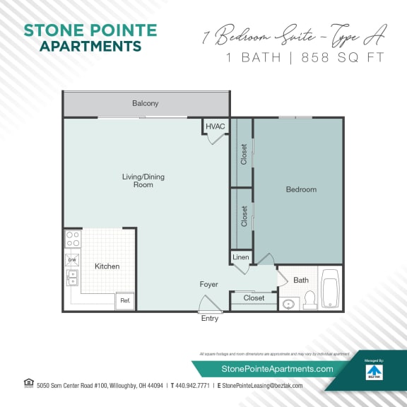 1 bed 1 bath floor plan A at Stone Pointe Apartments, Willoughby, Ohio