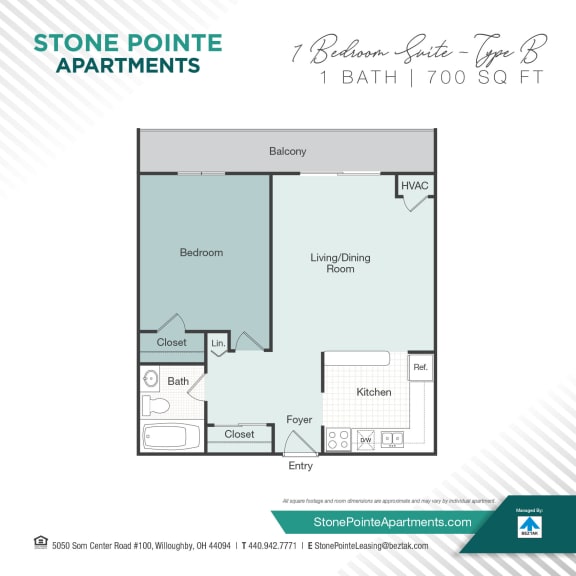 1 bed 1 bath floor plan at Stone Pointe Apartments, Willoughby, 44094