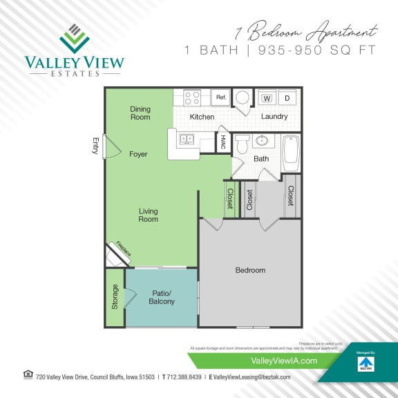 Floor Plan  1 Bedroom 1 Bath 950sqft at Valley View Estates, Iowa
