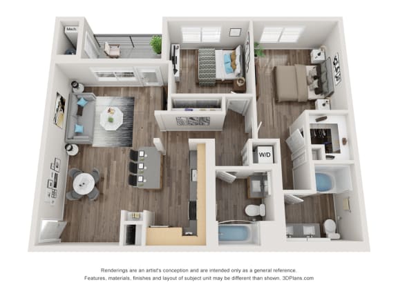 2 Bed 2 Bath Floor Plan at 1724 Highland, Los Angeles