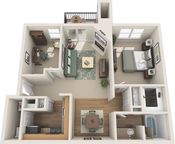 1 Bedroom floor plan with den in plano apartments