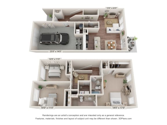 a 3d floor plan of a 2 bedroom apartment