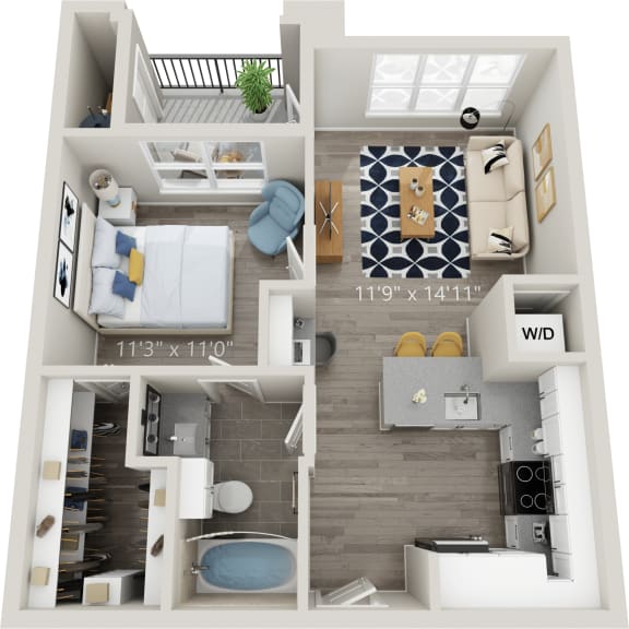 A1 - Luxury one bedroom apartment with living room kitchen bathroom with bathtub closet and patio with storage