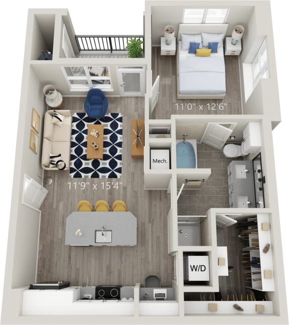 A2 - Luxury one bedroom apartment with living room kitchen bathroom with bathtub closet and patio with storage