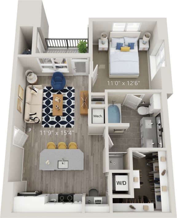 A3 - Luxury one bedroom apartment with living room kitchen bathroom with bathtub closet and patio with storage