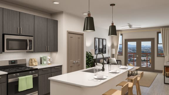 Fitted Kitchen With Island Dining at The Rey Downtown, Phoenix