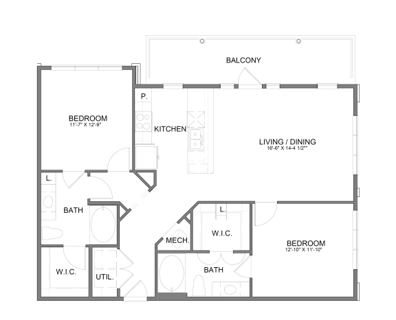 Floor Plan  B2.1, Two Bedroom Two Bath