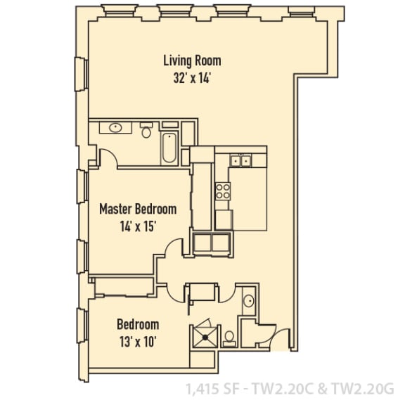 2 bedroom 2 bathroom Floor plan C at 26 West Apartments, Indianapolis