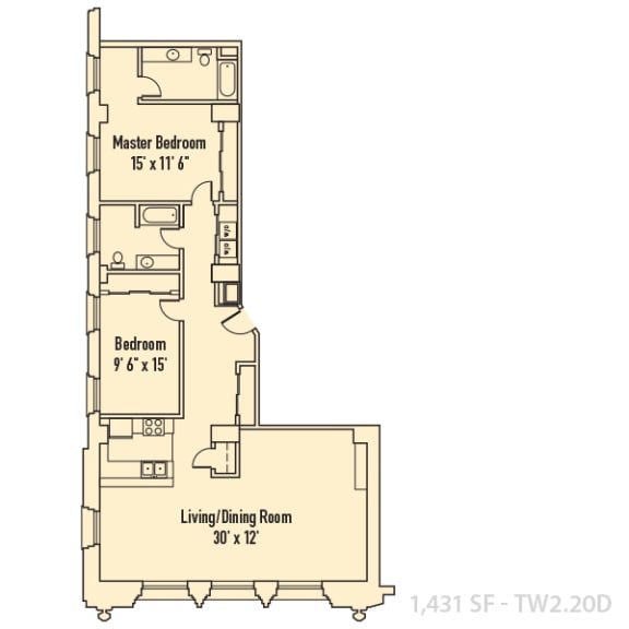 2 bedroom 2 bathroom Floor plan D at 26 West Apartments, Indiana