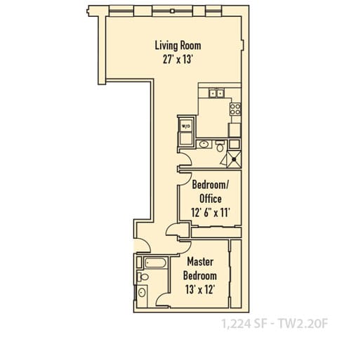 2 bedroom 2 bathroom Floor plan F at 26 West Apartments, Indianapolis, IN, 46204