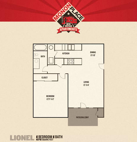 Monon Place I - 1 Bedroom Floor Plan at Monon Living, Indiana, 46220
