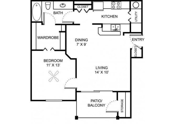 1 bedroom 1 bathroom A1 Floor Plan at Center Point Apartments, Indianapolis, IN