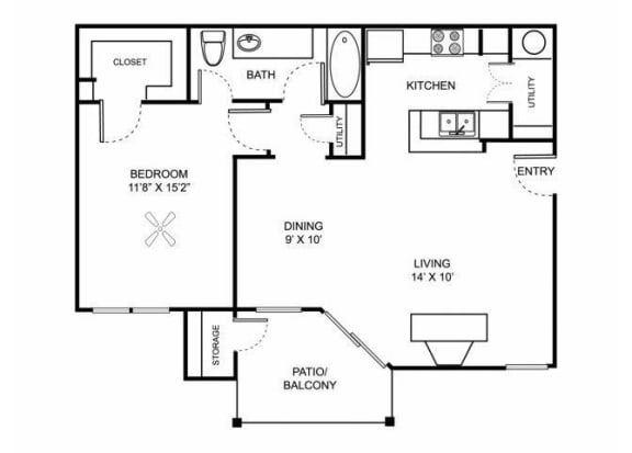 1 bedroom 1 bathroom A2 Floor Plan at Center Point Apartments, Indianapolis, 46214