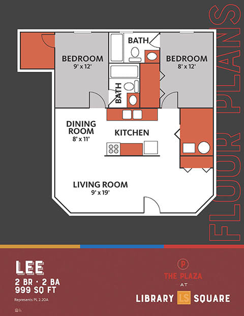 2 Bed 2 Bath Floor Plan at The Plaza at Library Square, Indianapolis, 46204
