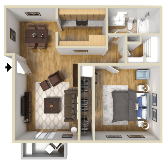 1 Bedroom 1 Bath 3D floor plan
