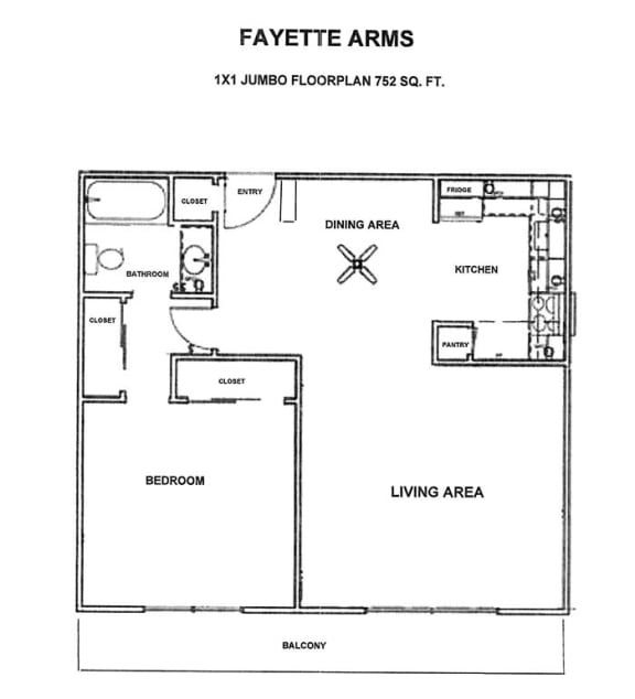 One bedroom floor plan jumbo unit at 754 Sq Ft