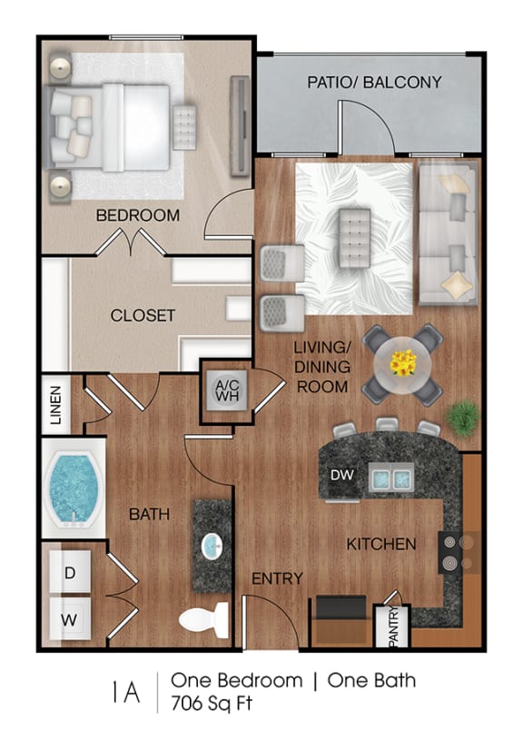 One bedroom Floor Plan apts for rent at Creekside Vue  New Braunfels, TX