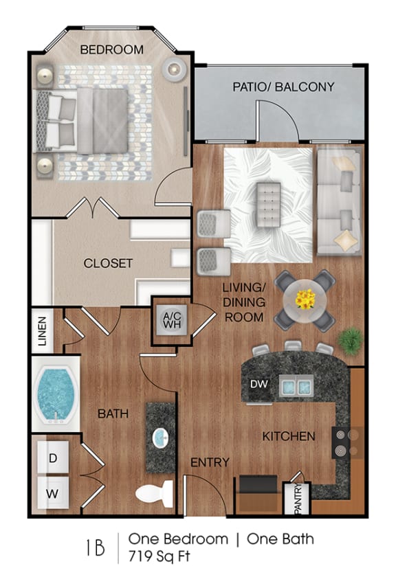 1x1 Floor Plan Creekside Vue Apartments l New Braunfels, TX
