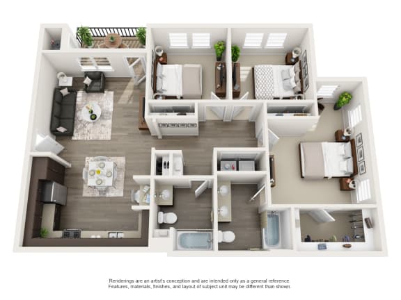 Three bedroom floor plan image l Solimar Apartments for rent in  Wilmington CA