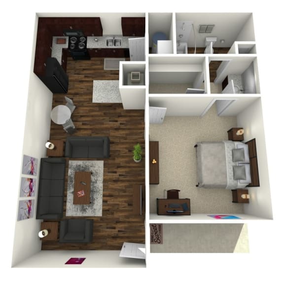 Langtry Village 3D floor plan of 1 bedroom 1 bath