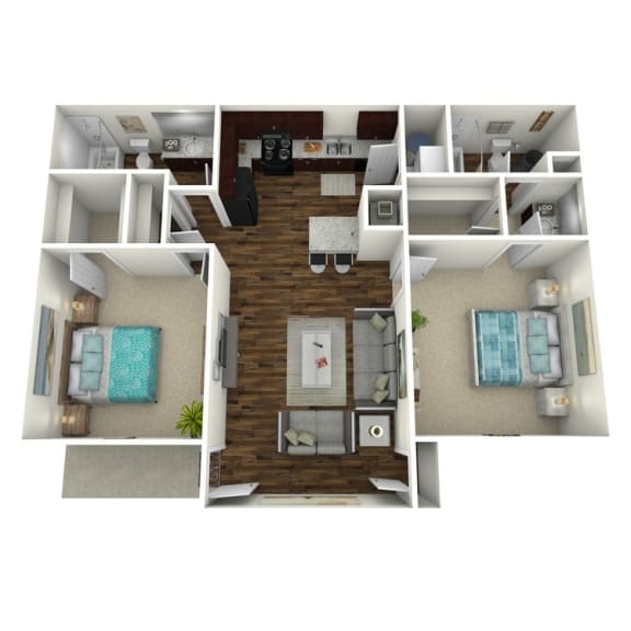 Langtry Village 3D floor plan of 2 bedroom 2 bath