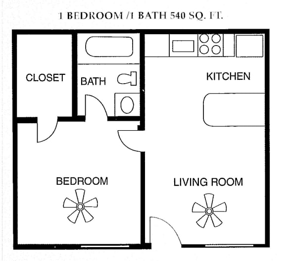 1 Bed 1 Bath 540 square feet floor plan