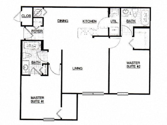 2 Bed, 2 Bath, 985 sq. ft. 2 Bedroom Mustang floor plan