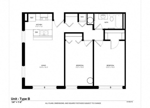 Two Bedroom One Bathroom Floor Plan at Cosmopolitan Apartments, Minnesota, 55101