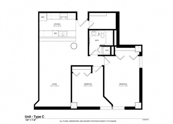 2 Bedroom 1 Bath Floor Plan at Cosmopolitan Apartments, Saint Paul, 55101