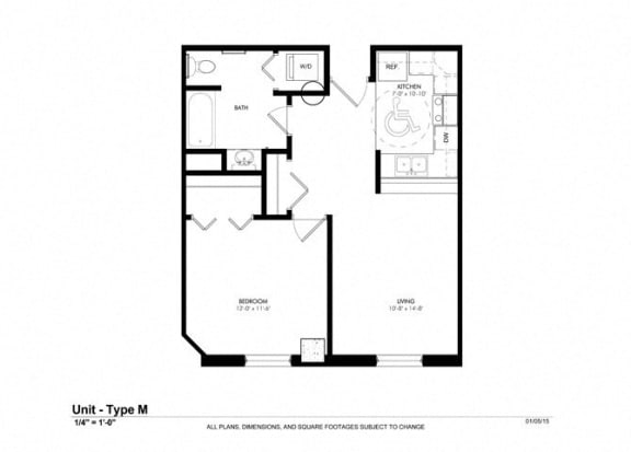1 Bedroom 1 Bathroom Floor Plan at Cosmopolitan Apartments, Saint Paul
