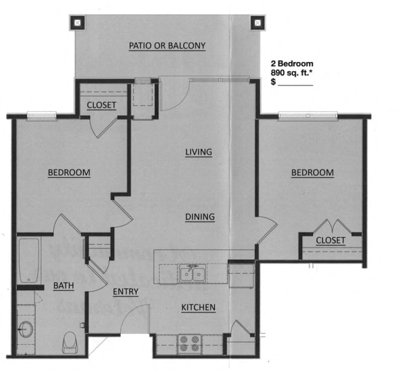 2 Bed - 1 Bath |890 sq ft 2x1 floorplan
