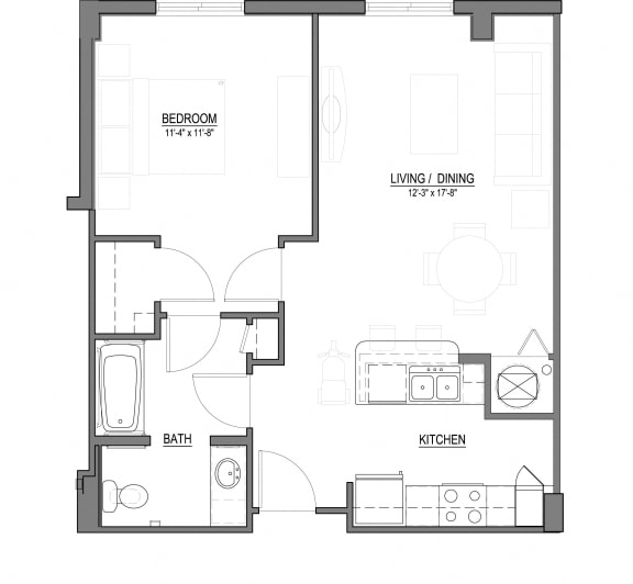 A1-F One Bedroom 1 Bath Floorplan A1-F 1 Bed - 1 Bath |688 sq ft floorplan