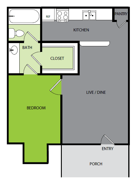 1 bedroom 1 bathroom Floor plan 1 bedroom 1 bathroom Floor plan at Bend at Oak Forest, Houston, TX, 77092