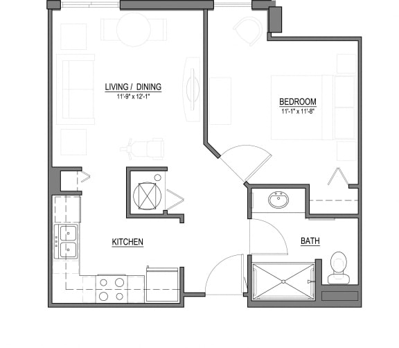 A3 One Bedroom 1 Bath Floorplan A3 1 Bed - 1 Bath |569 sq ft floorplan