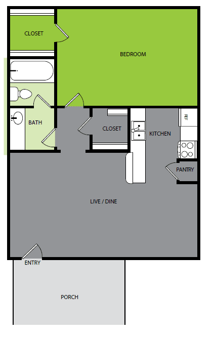 1 bedroom 1 bathroom B Floor plan at Bend at Oak Forest, Houston, 77092